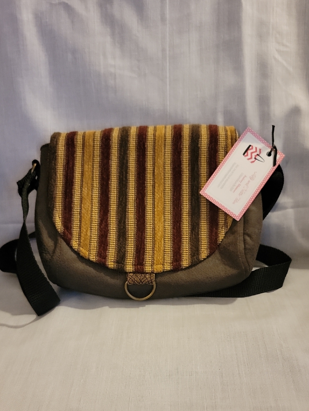 Ally & Nettie Striped Flap Crossbody Bag - Brown, Mustard & Rustic RED